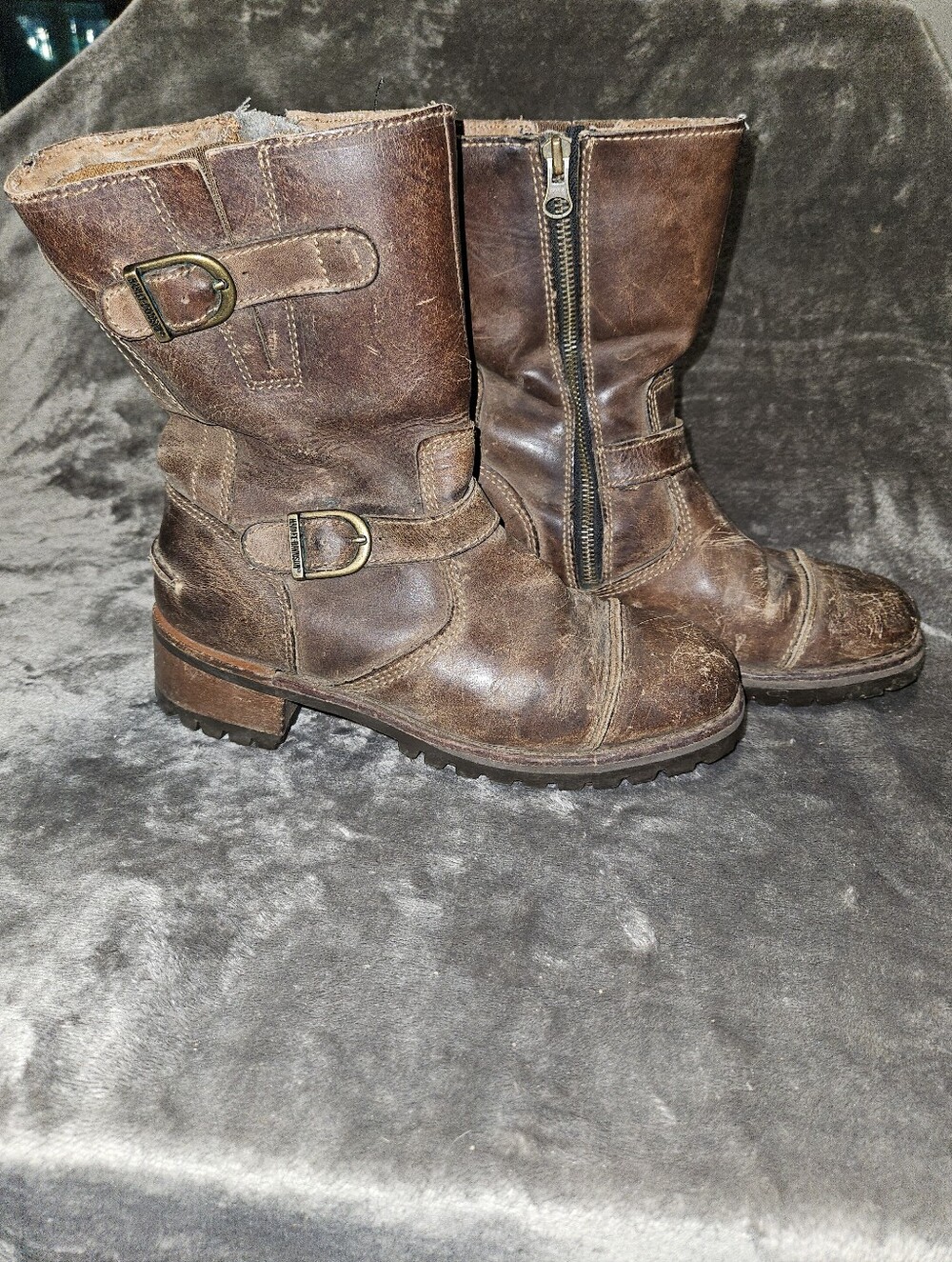 Harley Davidson Brown Leather Mid Calf Buckle Zip Boots Womens Moto 8 Lug Sole